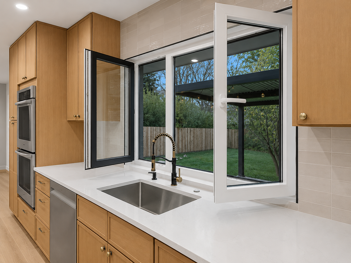 Kitchen with wooden cabinets, a white countertop, a modern black and gold faucet, and open windows showing an outdoor backyard with a wooden fence, grass, and trees.