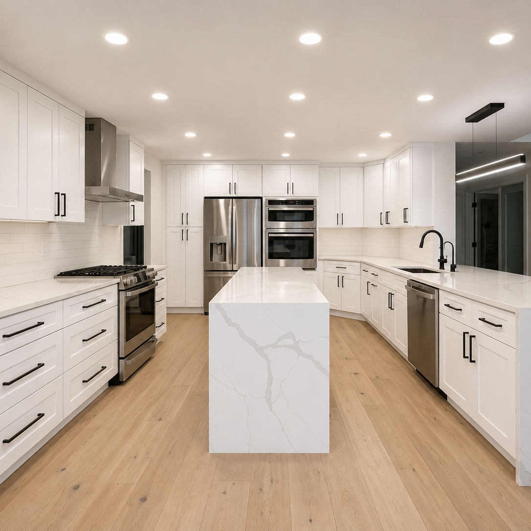 Modern white kitchen with wooden flooring, center island, stainless steel appliances including a refrigerator, oven, microwave, and dishwasher, black cabinet handles, a black faucet, and recessed ceiling lights.