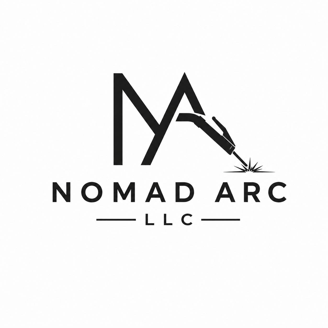 Black and white logo for Nomad Arc LLC featuring stylized mountains and a welding torch, with the company name beneath.