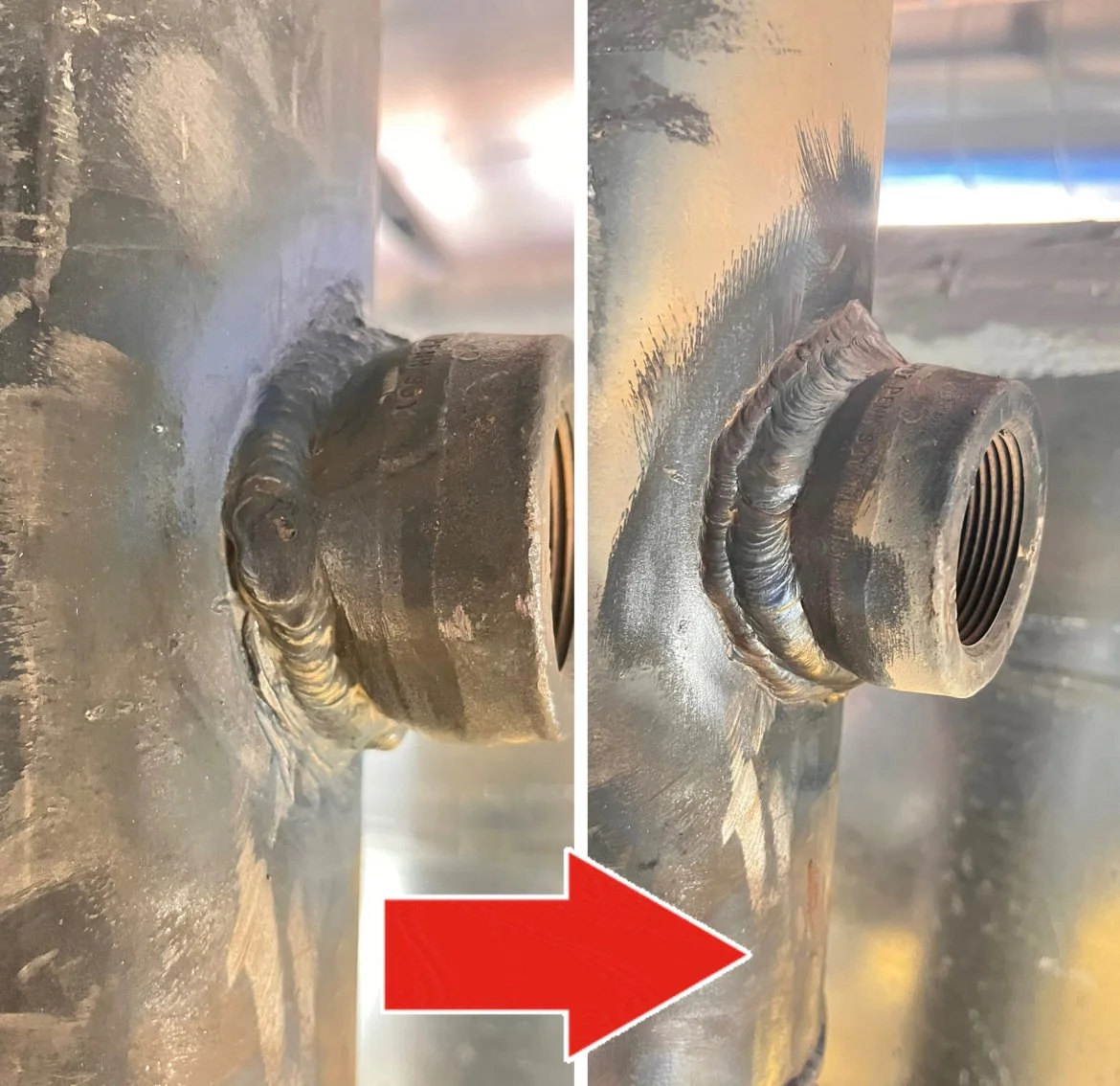 Side-by-side comparison of a metal pipe fitting, showing a before and after welding repair. The left side shows a rough, unfinished weld, while the right side shows a smooth, finished weld with a cleaned surface.