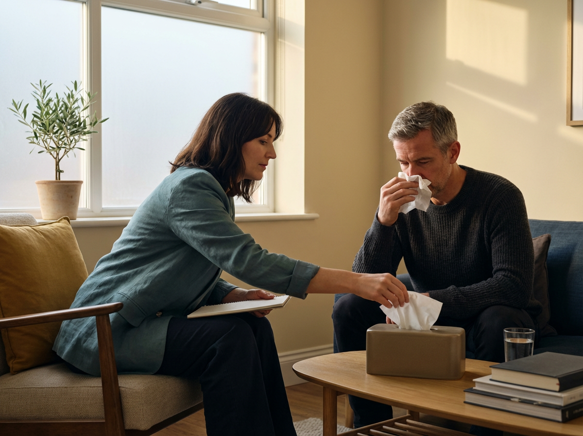 A woman offering a tissue to a man who is coughing into a tissue, sitting on a sofa in a living room with a window and potted plant in the background.