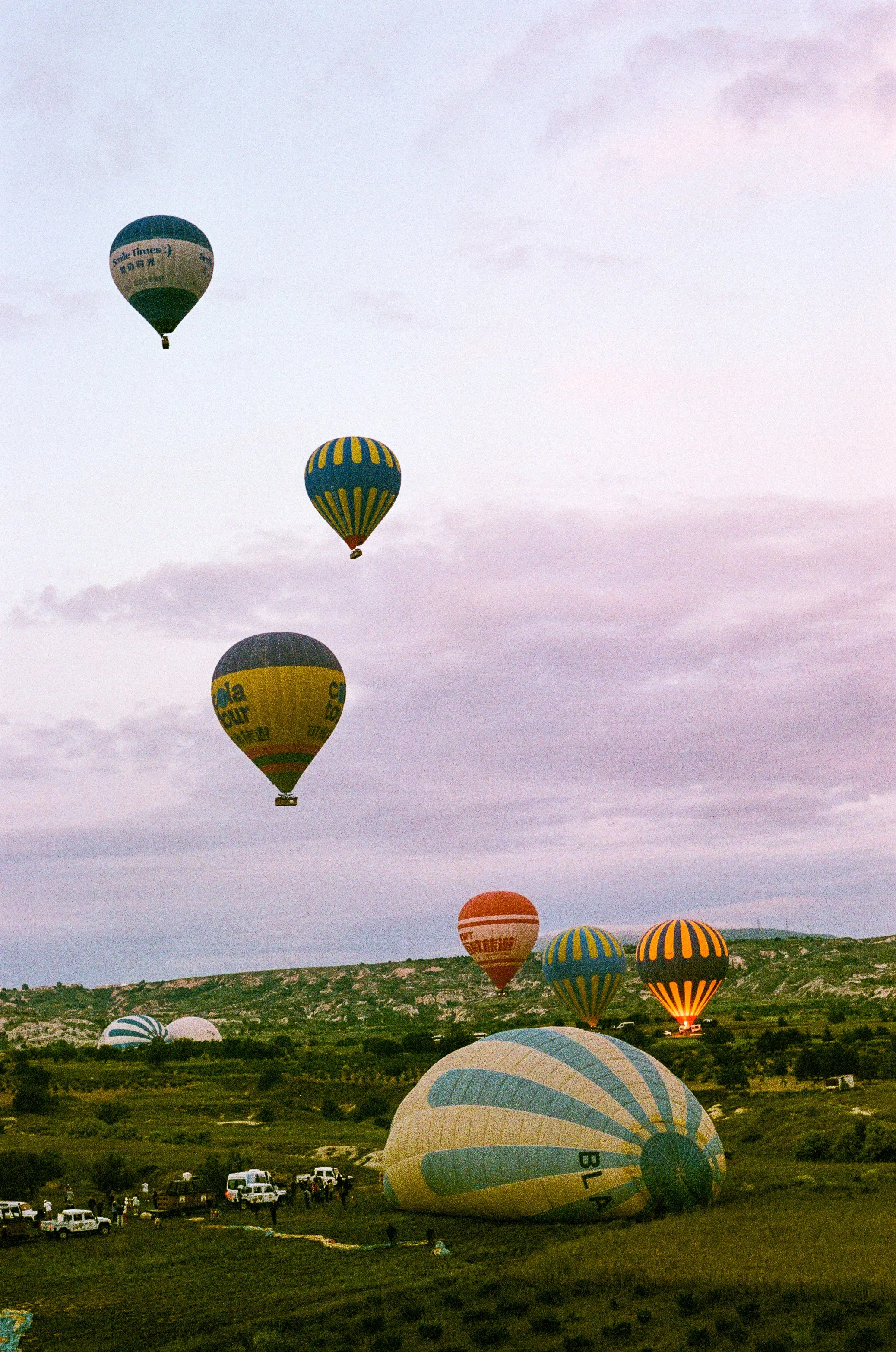 Multiple colorful hot air balloons in the sky during sunset over a green landscape, with people and vehicles on the ground.