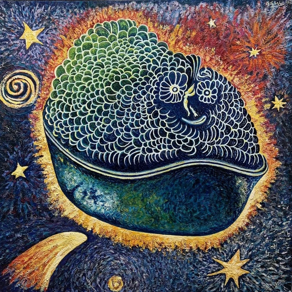 Painting by George G Woodall titled "Angel on my Nose", 1993-1995, oil on canvas. Woodall Studio Gallery, downtown Seattle.