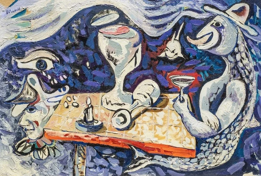 George G. Woodall painting, "Study for the Tea Ceremony", 1980, oil painting on board.