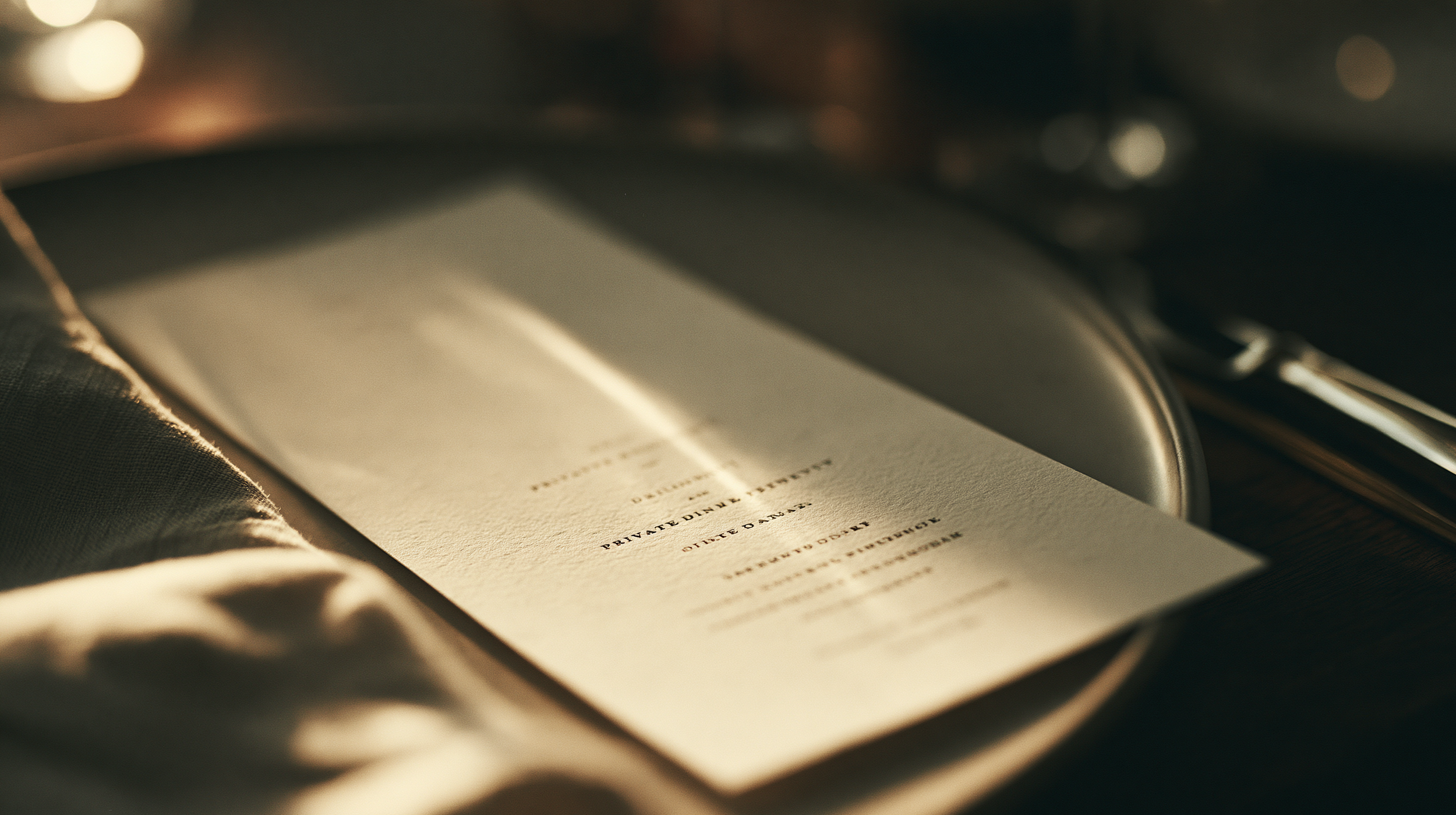 A close-up shot of a menu or document resting on a surface, with sunlight illuminating the page and creating a warm ambiance.