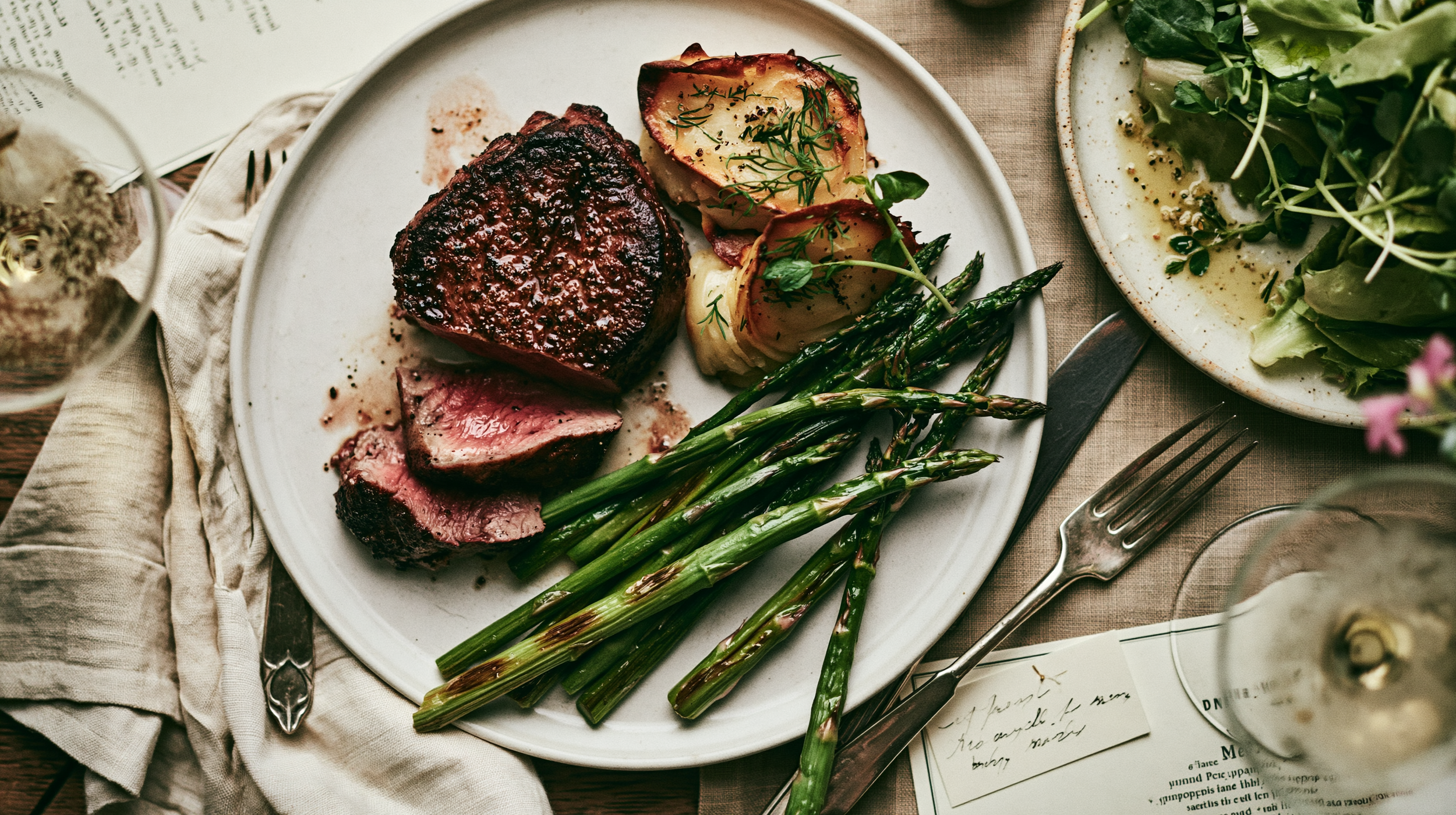 A plate of cooked steak, asparagus, roasted potatoes with herbs, and a green salad on a table with utensils, a glass of water, and a handwritten note.
