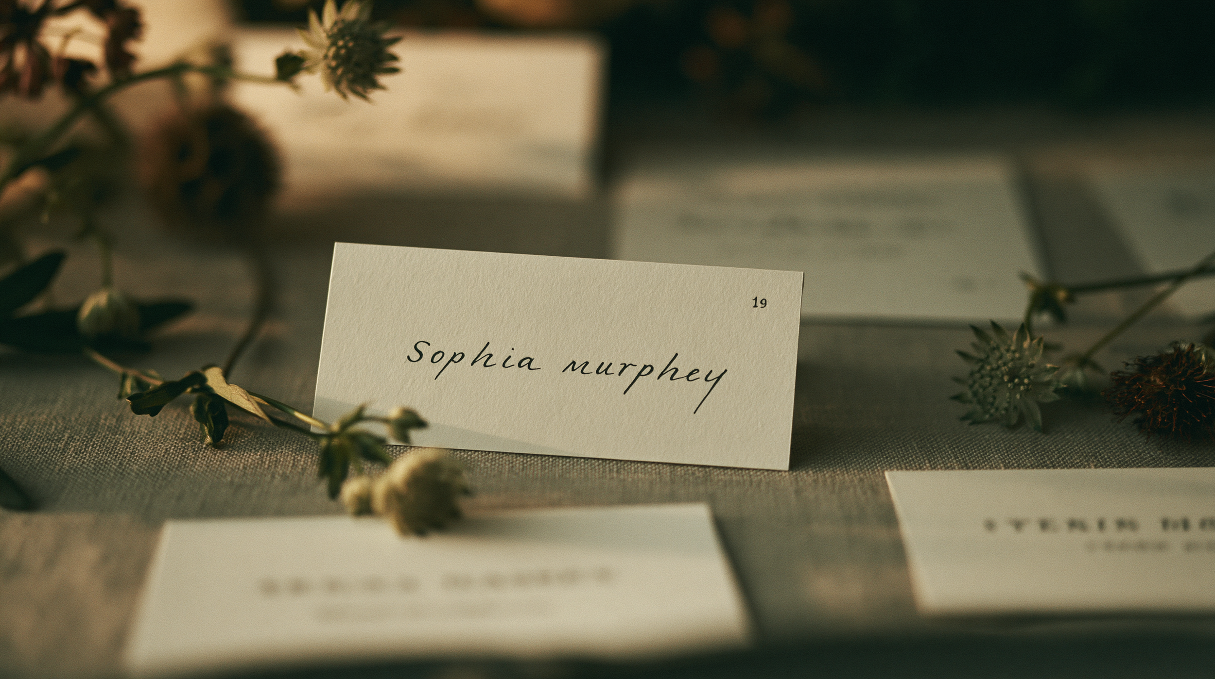 A place card with the name 'Sophia Murphey' written in elegant script, surrounded by dried flowers on a table.