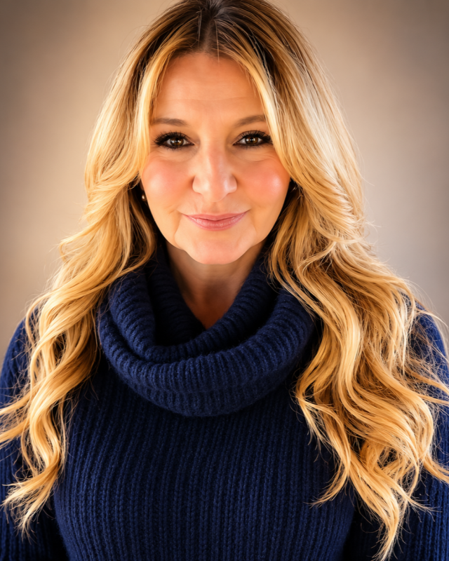 A woman with long blonde hair styled in loose waves, wearing a dark blue knit turtleneck sweater, smiling softly, against a plain neutral background.