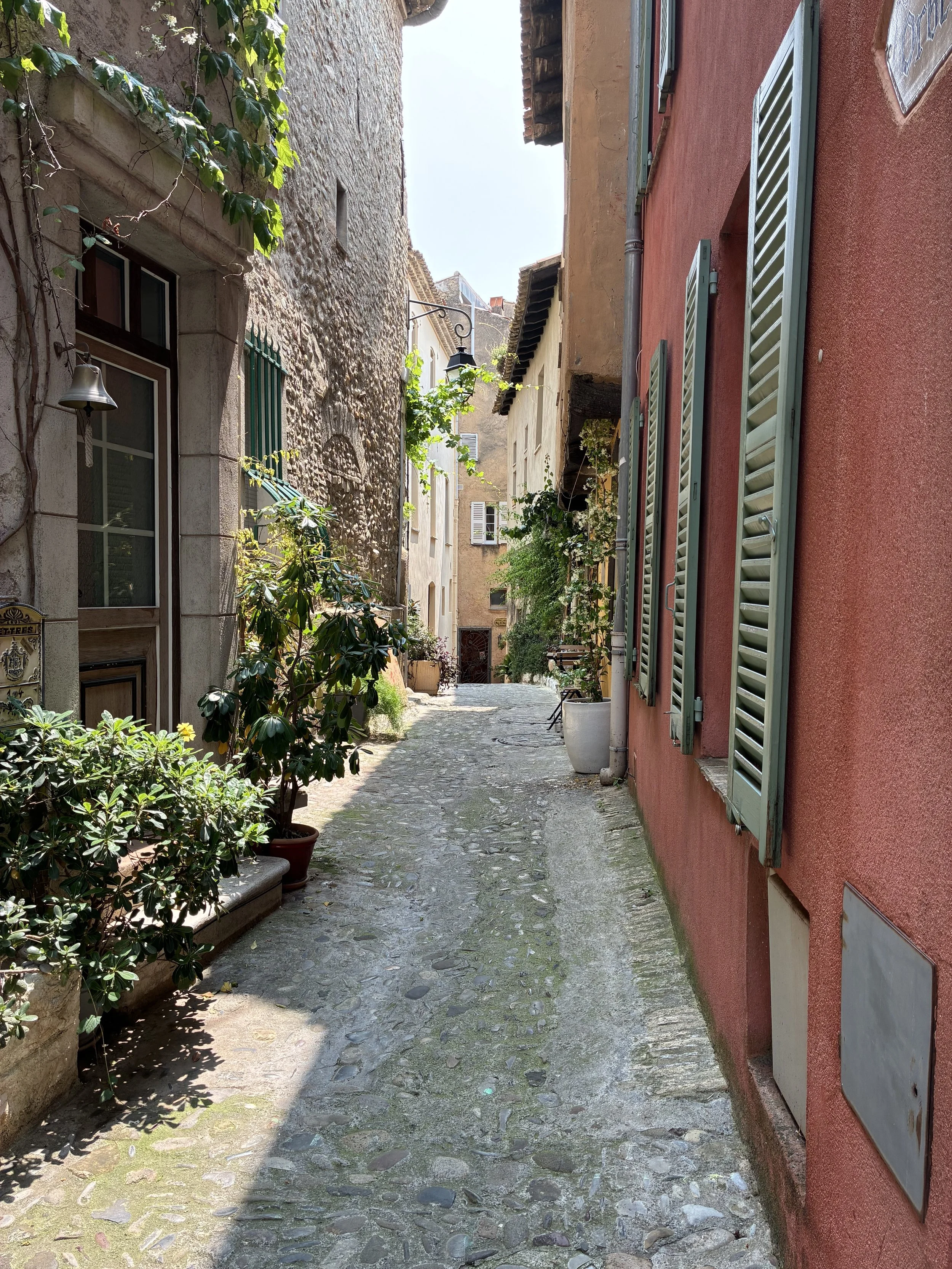 A narrow cobblestone street lined with plants in large pots, flanked by colorful buildings with shutters and old stone walls, under a clear sky.