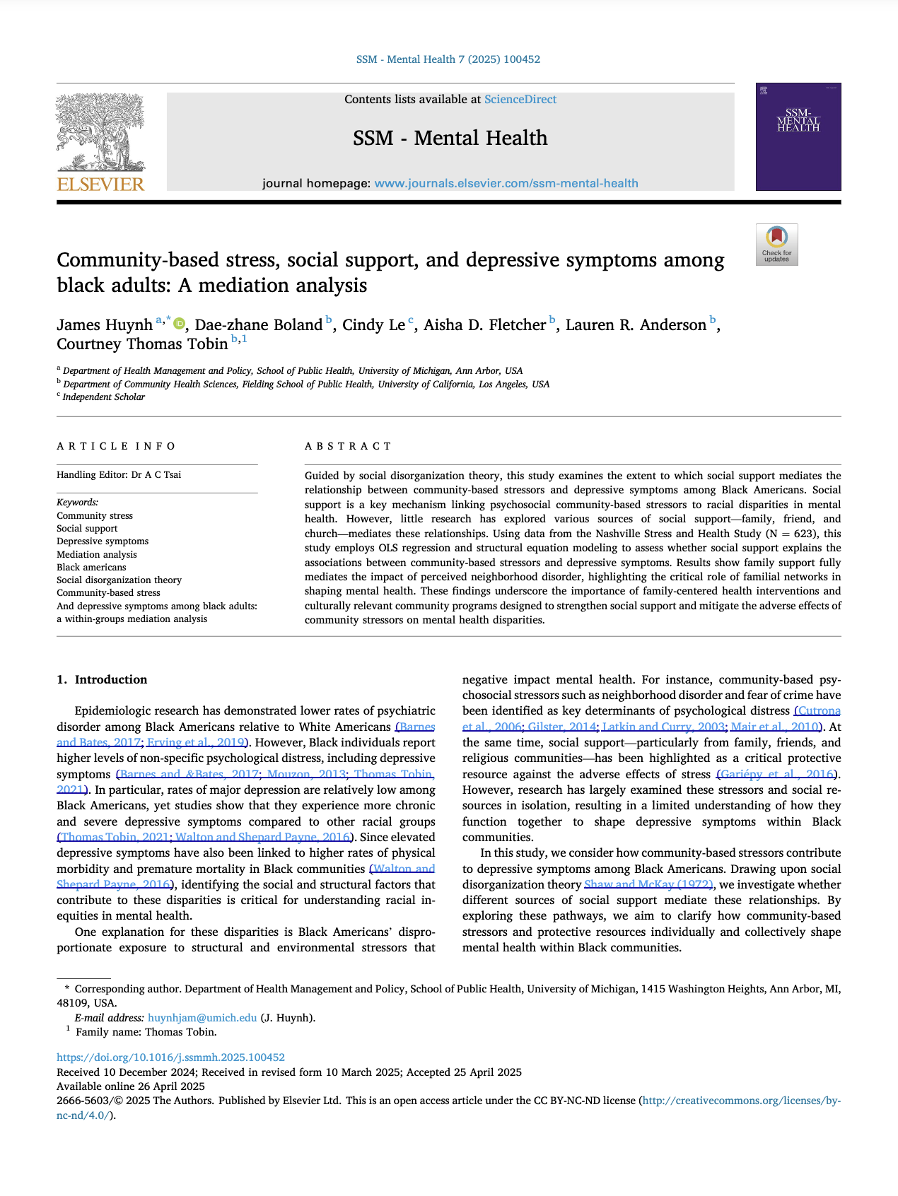 Screenshot of a scientific research article titled "Community-based stress, social support, and depressive symptoms among black adults: A mediation analysis" from the journal SSM - Mental Health, published by Elsevier, containing the article's title, author names, affiliations, keywords, and part of the abstract.