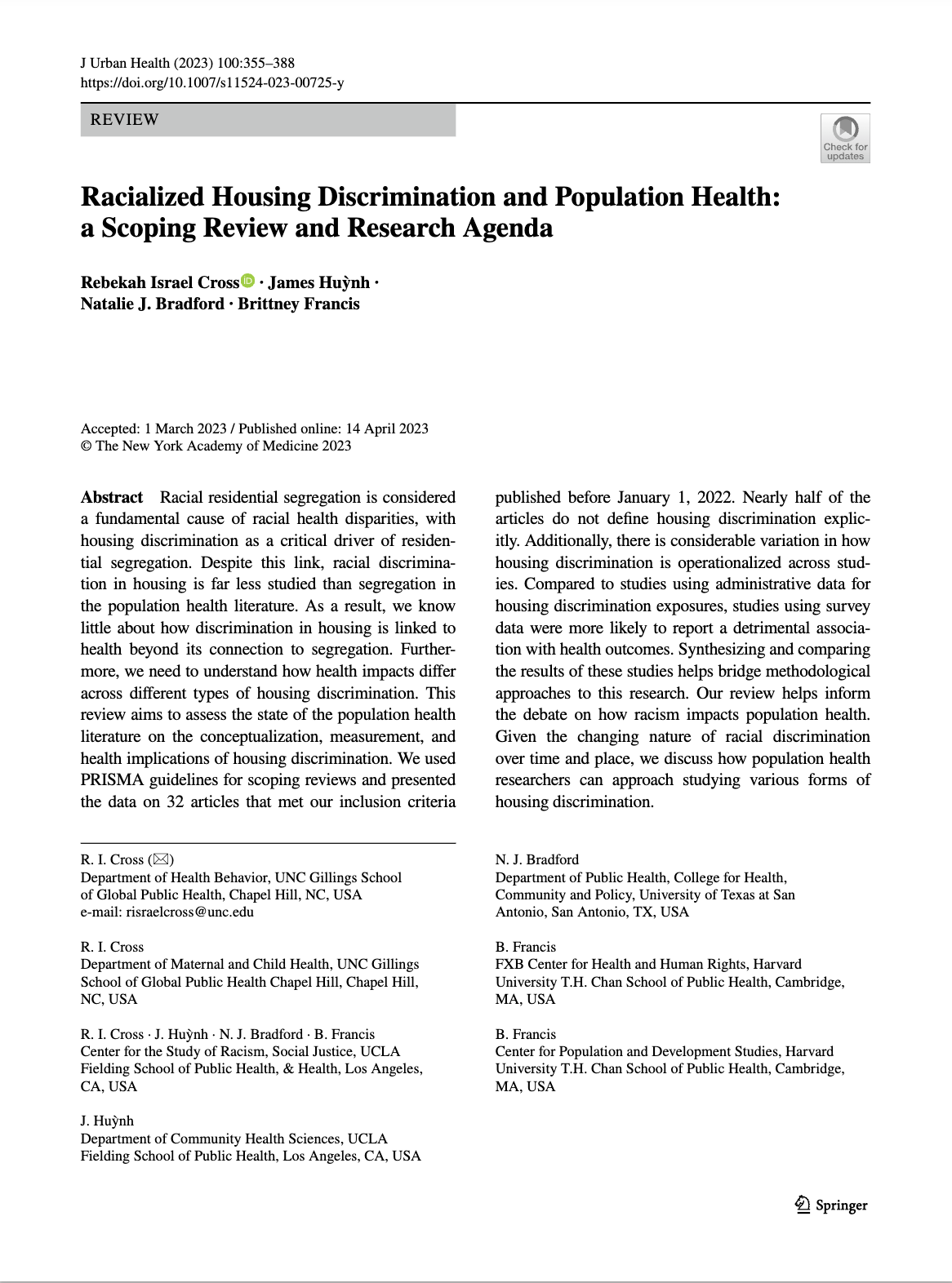 Cover page of an academic article titled "Racialized Housing Discrimination and Population Health: a Scoping Review and Research Agenda."