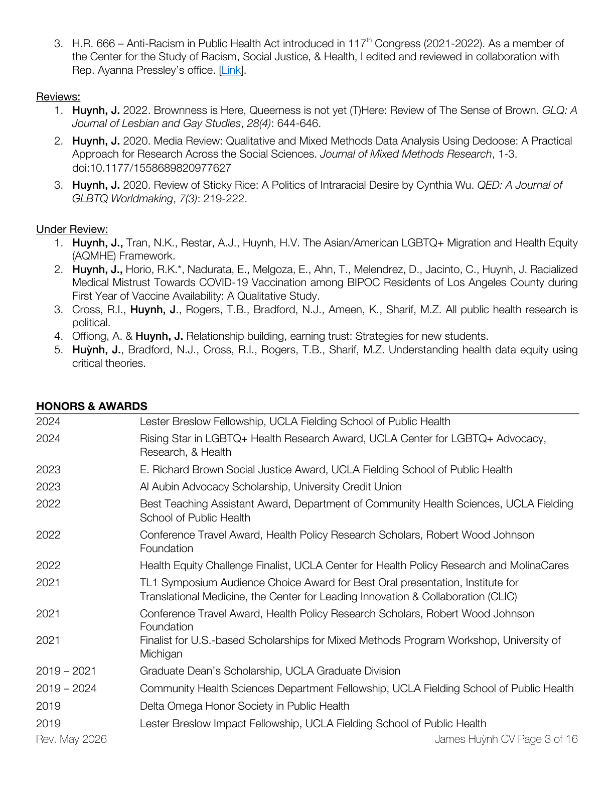 A screenshot of a CV page focusing on academic and research publications, awards, and honors, with multiple references and accolades listed under different categories.