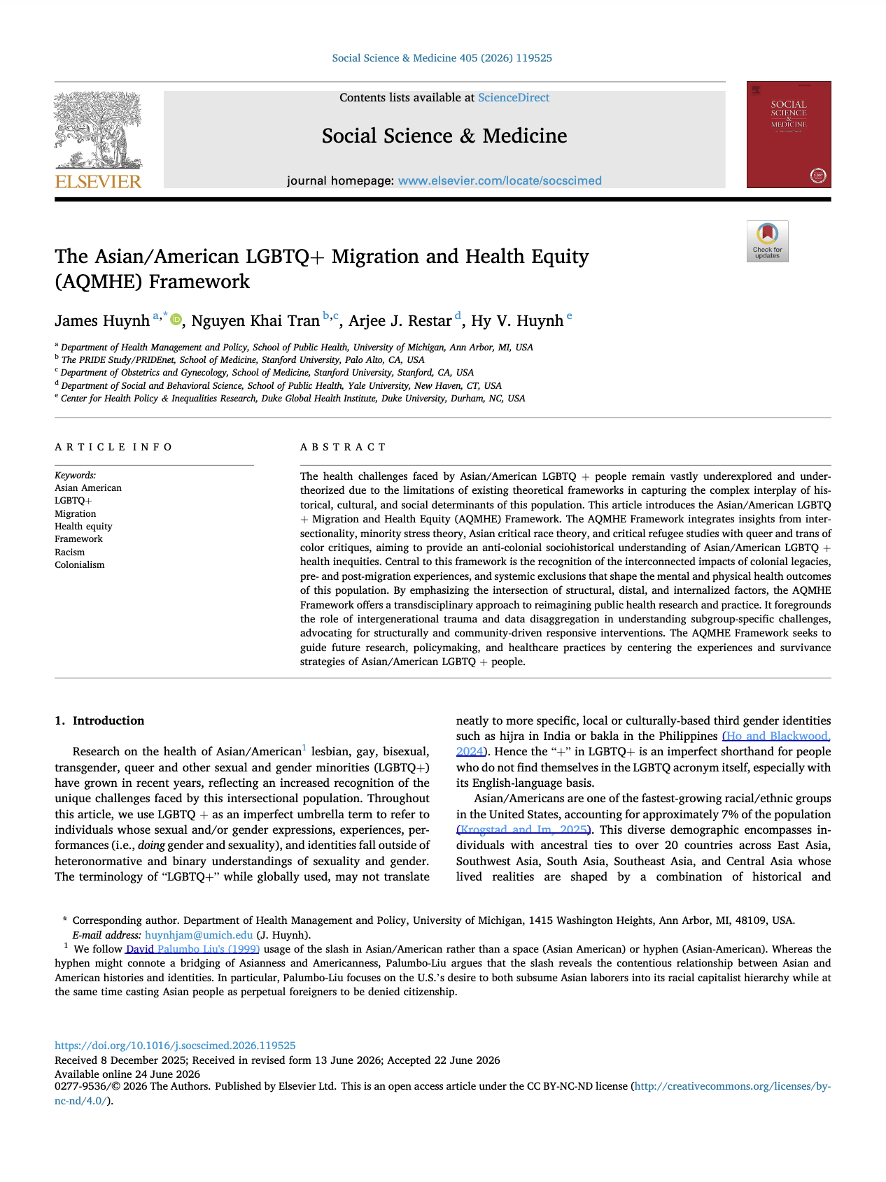 The first page of a research article titled 'The Asian/American LGBTQ+ Migration and Health Equity (AQMHE) Framework' published in Social Science & Medicine, 2026. The page includes the journal's logo, article title, authors, their affiliations, keywords, abstract, and publication details.