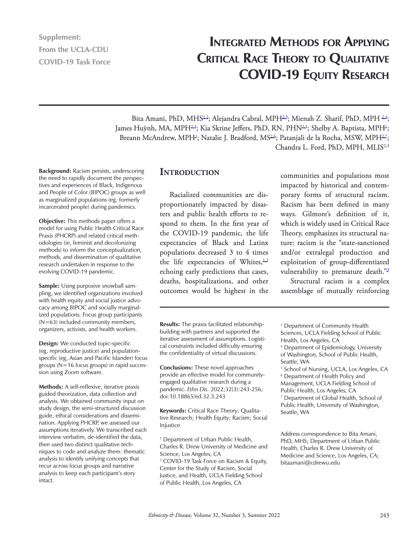 Research article titled "Integrated Methods for Applying Critical Race Theory to Qualitative COVID-19 Equity Research" from Ethnicity & Disease journal, Summer 2022 issue, Volume 32, Number 3, page 243.