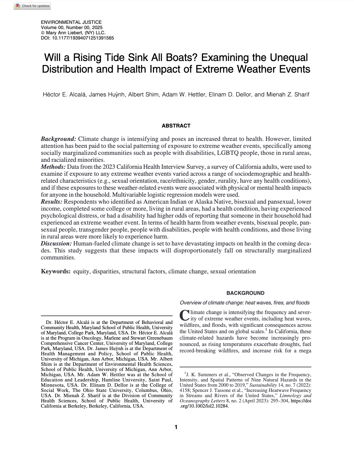 Scientific research paper titled 'Will a Rising Tide Sink All Boats? Examining the Unequal Distribution and Health Impact of Extreme Weather Events', authored by multiple researchers, including Hector E. Alcalá. The abstract discusses climate change, extreme weather events, health disparities, and social impacts, with keywords like equity, disparities, climate change, and sexual orientation.