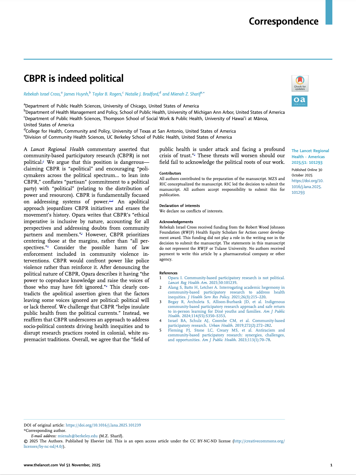 Excerpt from a scientific article titled 'CBPR is indeed political' with author names, journal citation, and references, focusing on community-based participatory research and its political implications.