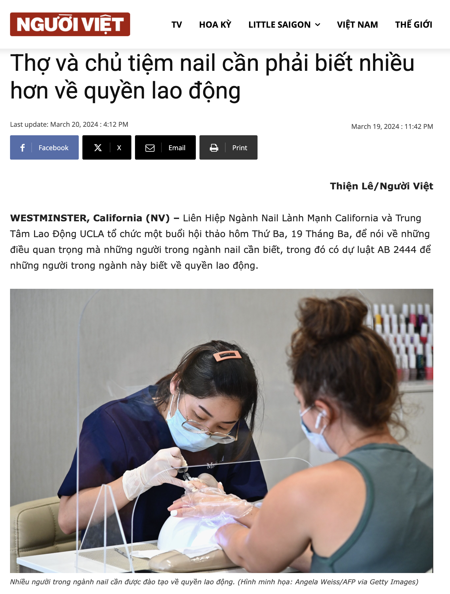 A man receiving a foot massage or pedicure from a woman in a nail salon. Both are wearing face masks, and the woman is wearing gloves, with nail polish bottles visible in the background.