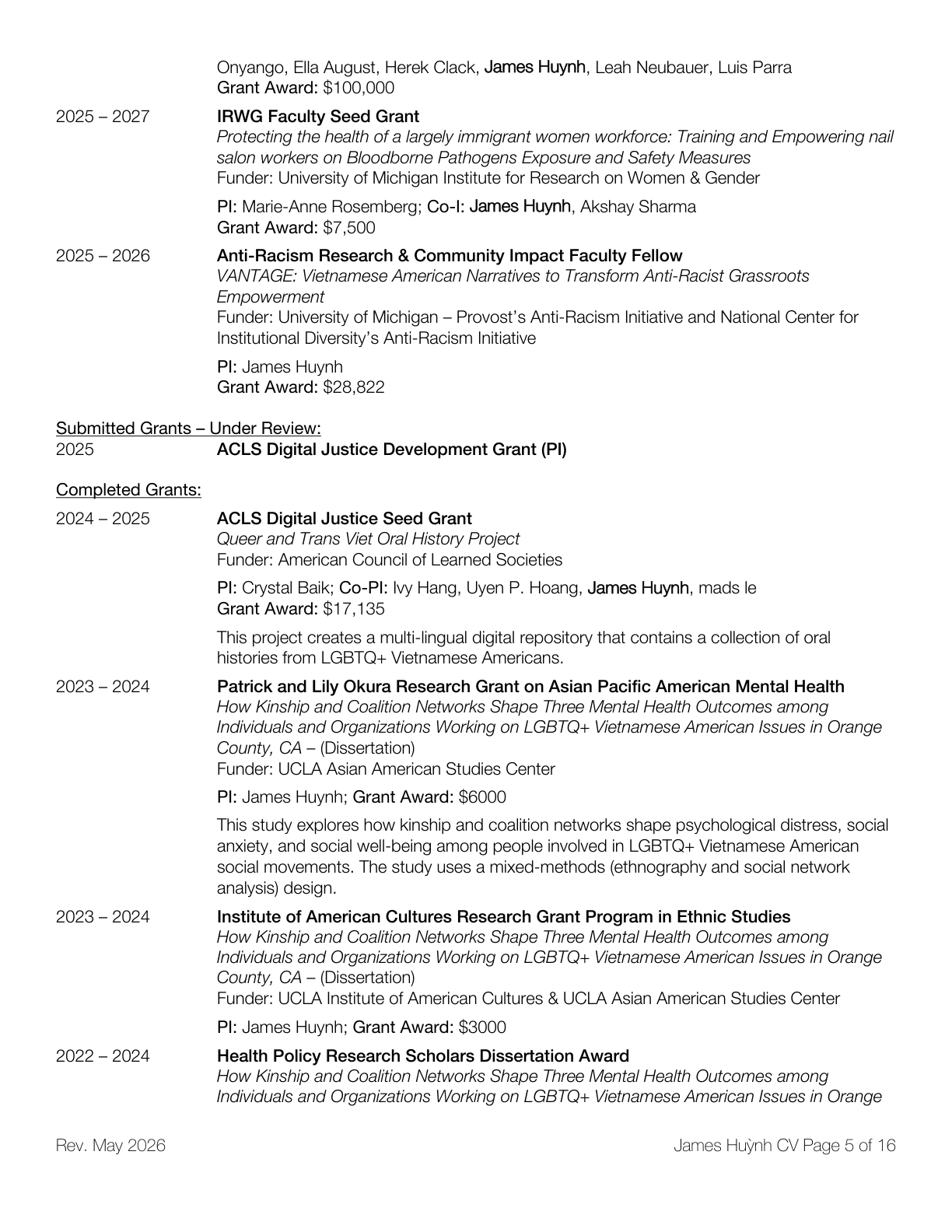 Screenshot of a CV listing grants and awards, authored by James Huynh, featuring sections on funding and project titles with dates, specific grant amounts, and project descriptions related to health, social justice, and Asian American studies.