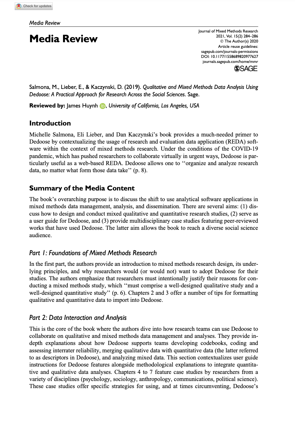 Screenshot of a research article titled 'Media Review' from the Journal of Mixed Methods Research, 2021. The authors are Salmona, Lieber, and Kaczynski, discussing data analysis using Dedoose.