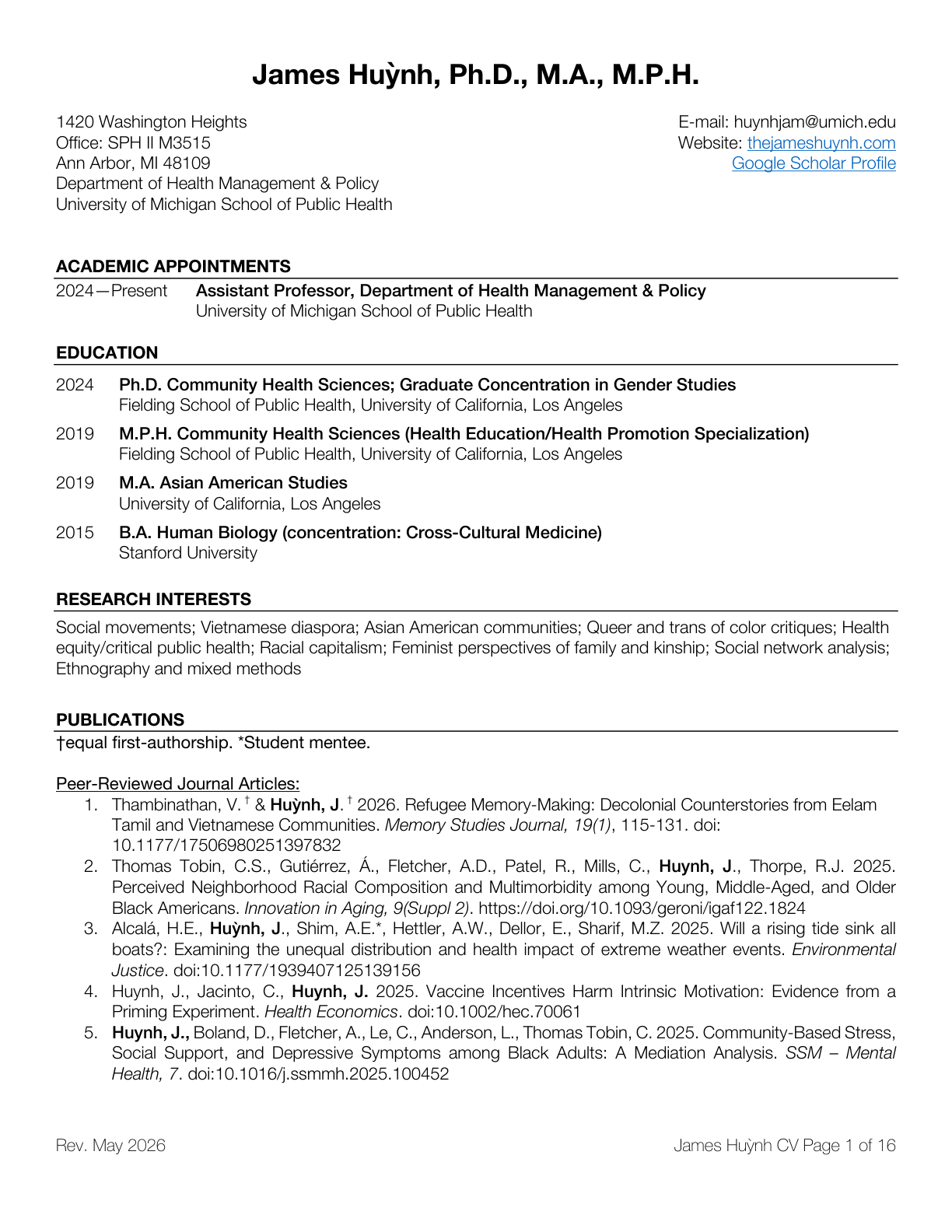 A CV or resume document for James Huỳnh, Ph.D., M.A., M.P.H., including contact information, academic appointments, education history, research interests, and publications.