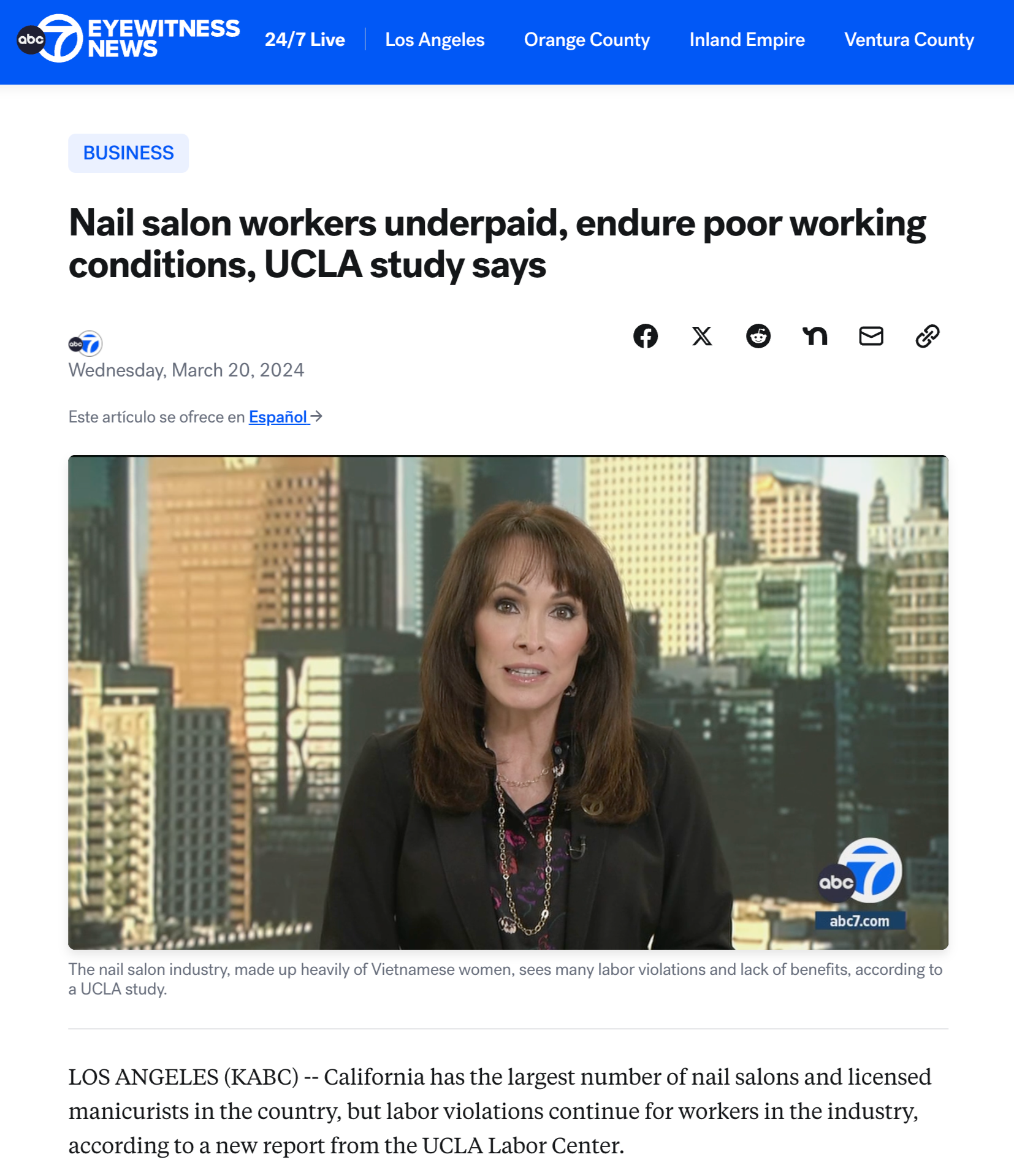 Screenshot of a news article webpage from ABC 7 Eyewitness News with the headline, "Nail salon workers underpaid, endure poor working conditions, UCLA study says." The page features a woman with long brown hair, wearing a black blazer and a necklace, sitting in front of a cityscape background with tall buildings. The ABC 7 logo is in the lower right corner.