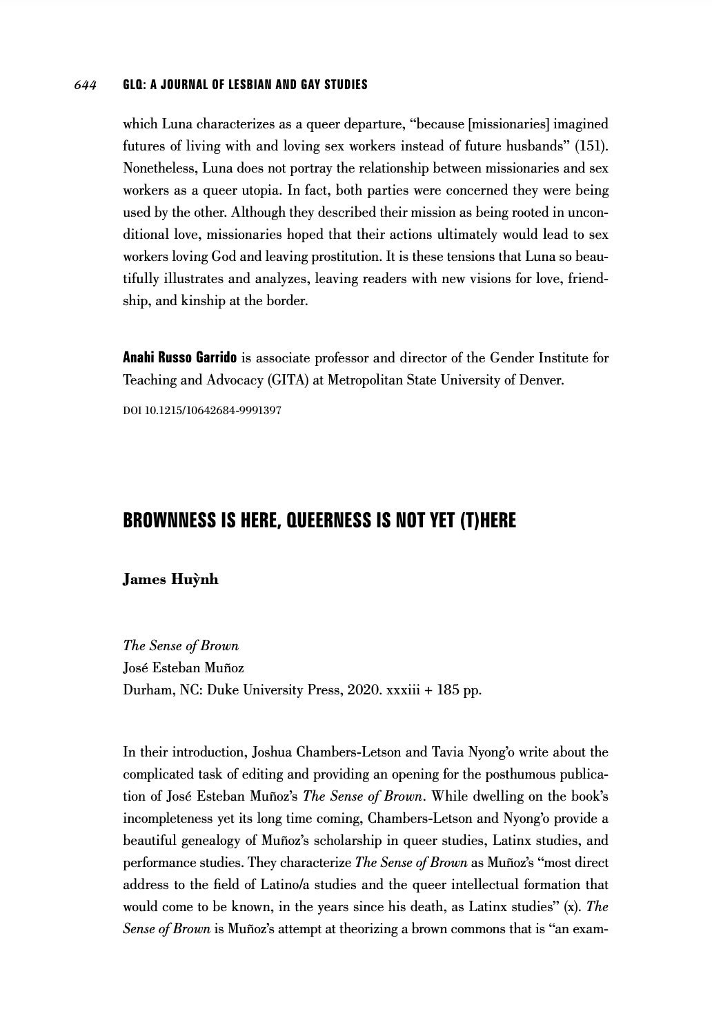 A page from an academic journal or book, specifically from 'GLO: A Journal of Lesbian and Gay Studies,' featuring text about Luna's queer departure, a book titled 'The Sense of Brown' by José Esteban Muñoz, and a section about James Huynh's work. The page includes headings, author names, and references.