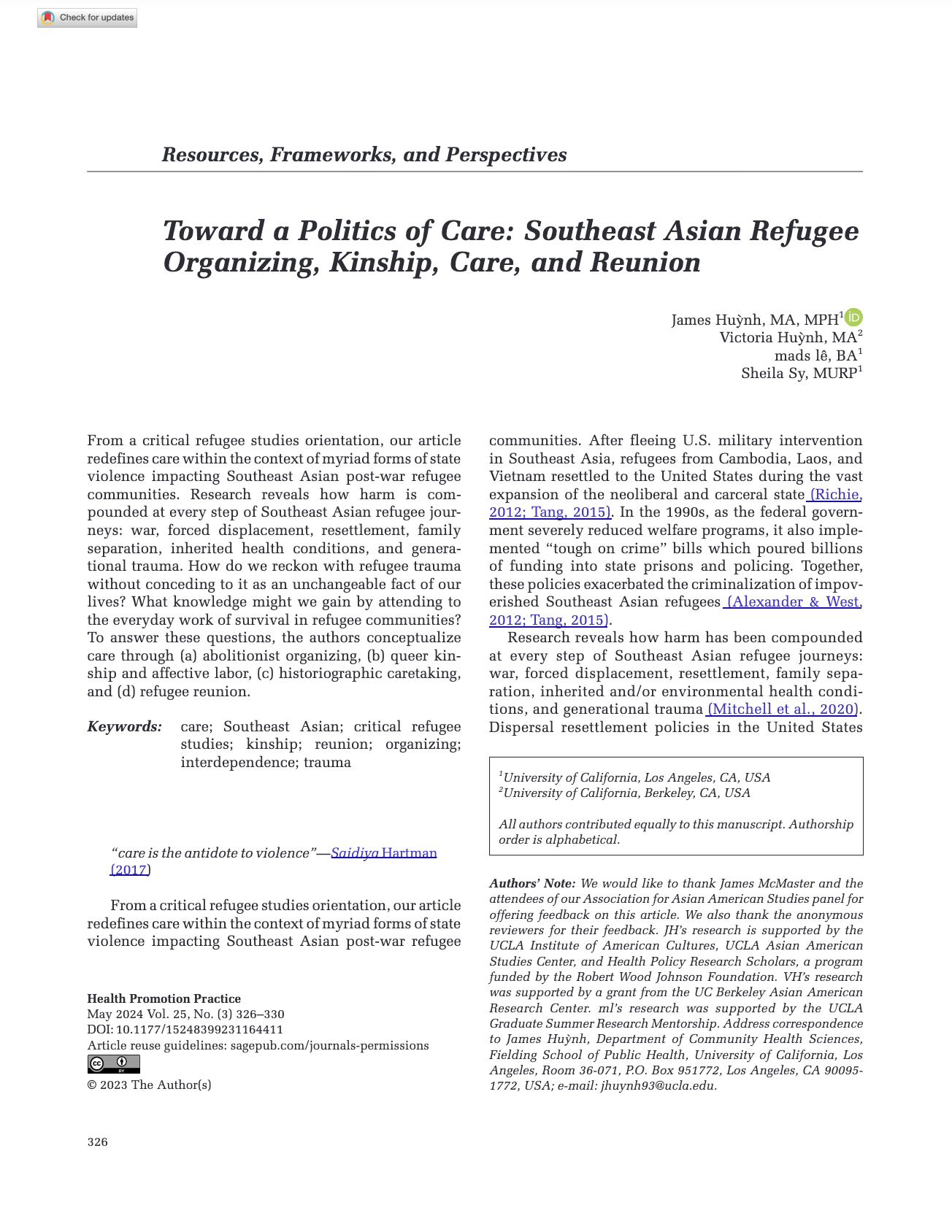 Academic journal article titled "Toward a Politics of Care: Southeast Asian Refugee Organizing, Kinship, Care, and Reunion" by authors from University of California. The page includes the article's abstract, keywords, references, and author notes, with a DOI at the bottom.