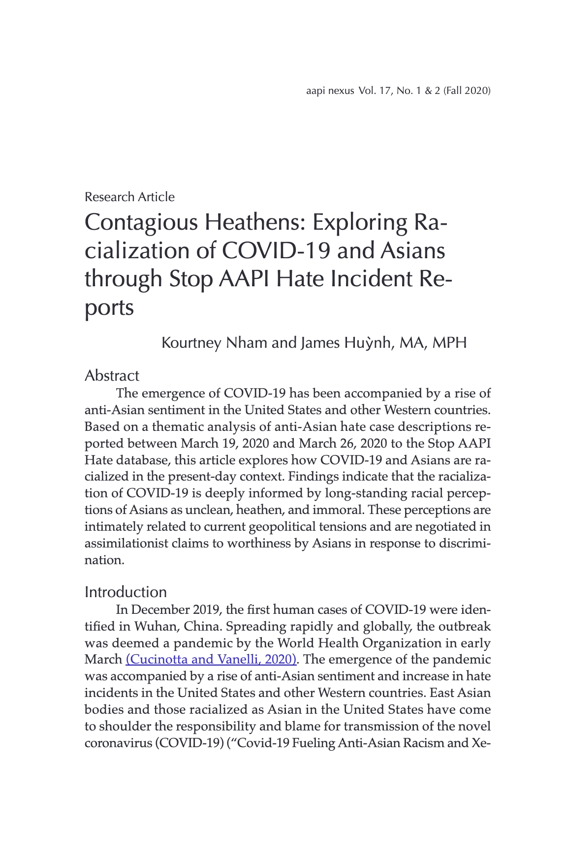 Page from a research article titled "Contagious Heathens: Exploring Racialization of COVID-19 and Asians through Stop AAPI Hate Incident Reports," authored by Kourtney Nham and James Huỳnh, MA, MPH, published in aapnexus Vol. 17, No. 1 & 2 (Fall 2020). The page includes the article's abstract and part of the introduction.