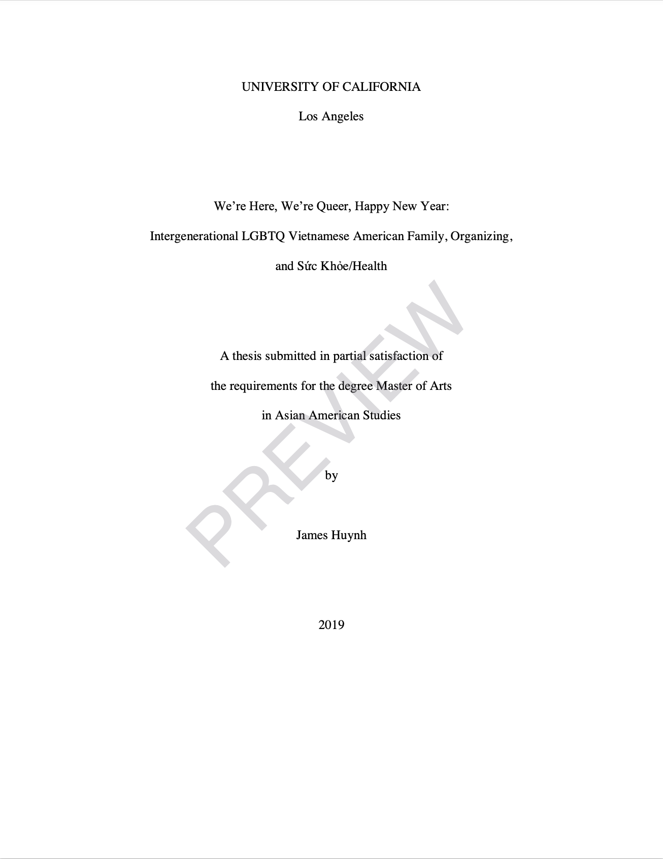 Cover page of a thesis document from the University of California, Los Angeles, titled with the author's name, James Huynh, and the year 2019.
