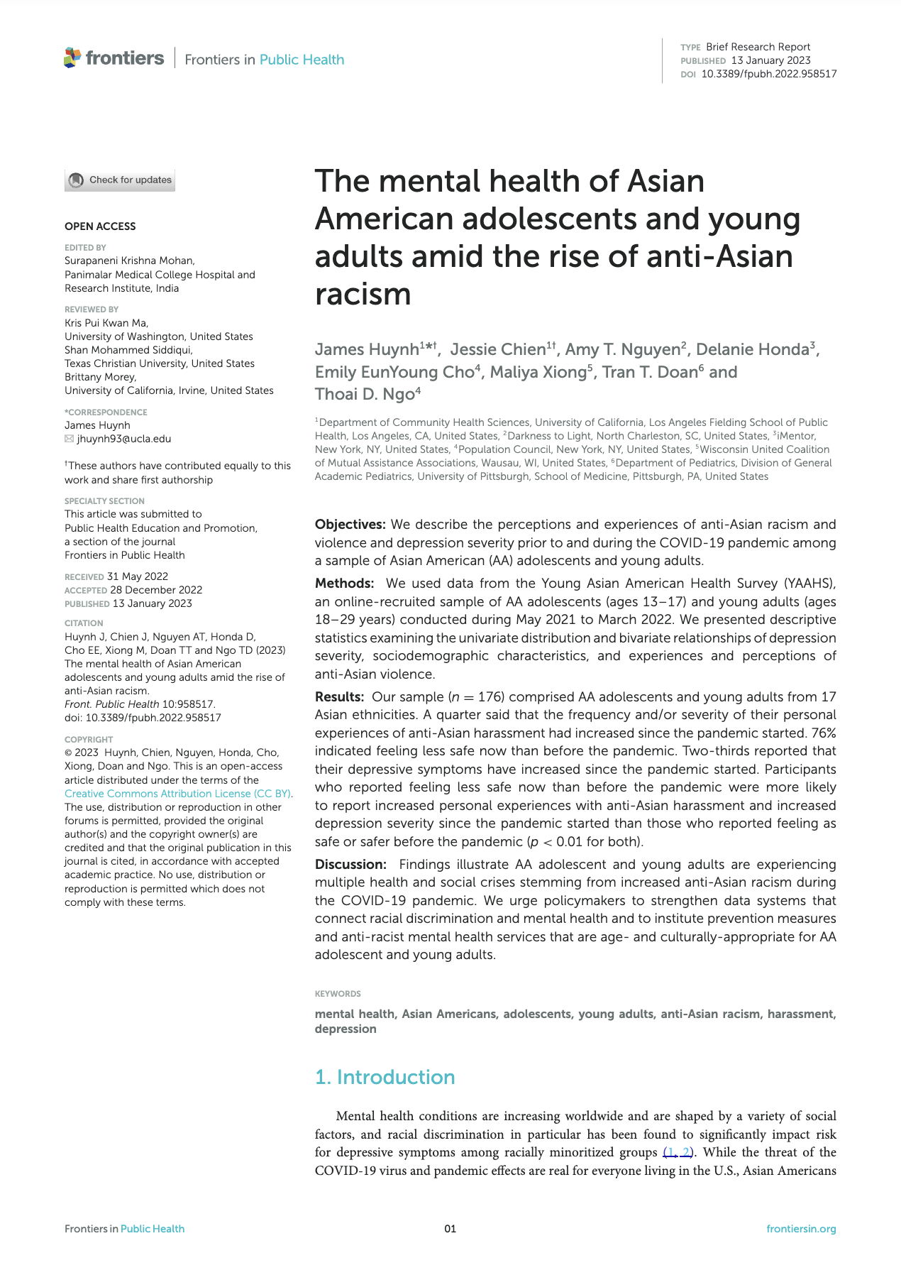 The cover page of a research report titled 'The mental health of Asian American adolescents and young adults amid the rise of anti-Asian racism,' published by Frontiers in Public Health on January 13, 2023. It includes author names and institutional affiliations, publication details, and a brief overview of the report's objectives, methods, and key findings.