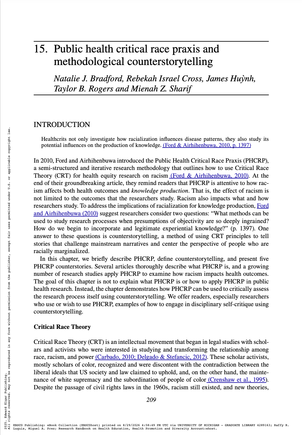 Academic journal page with article titled "Public health critical race praxis and methodological counterstorytelling" by Natalie J. Bradford and colleagues, discussing critical race theory, healthcare, and racialization.