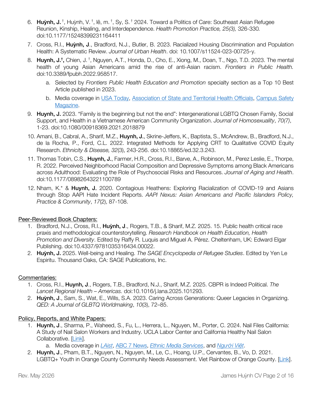 Page from an academic research document listing references, titles, authors, and publication details related to public health, racial discrimination, mental health, COVID-19, and LGBTQ+ studies.