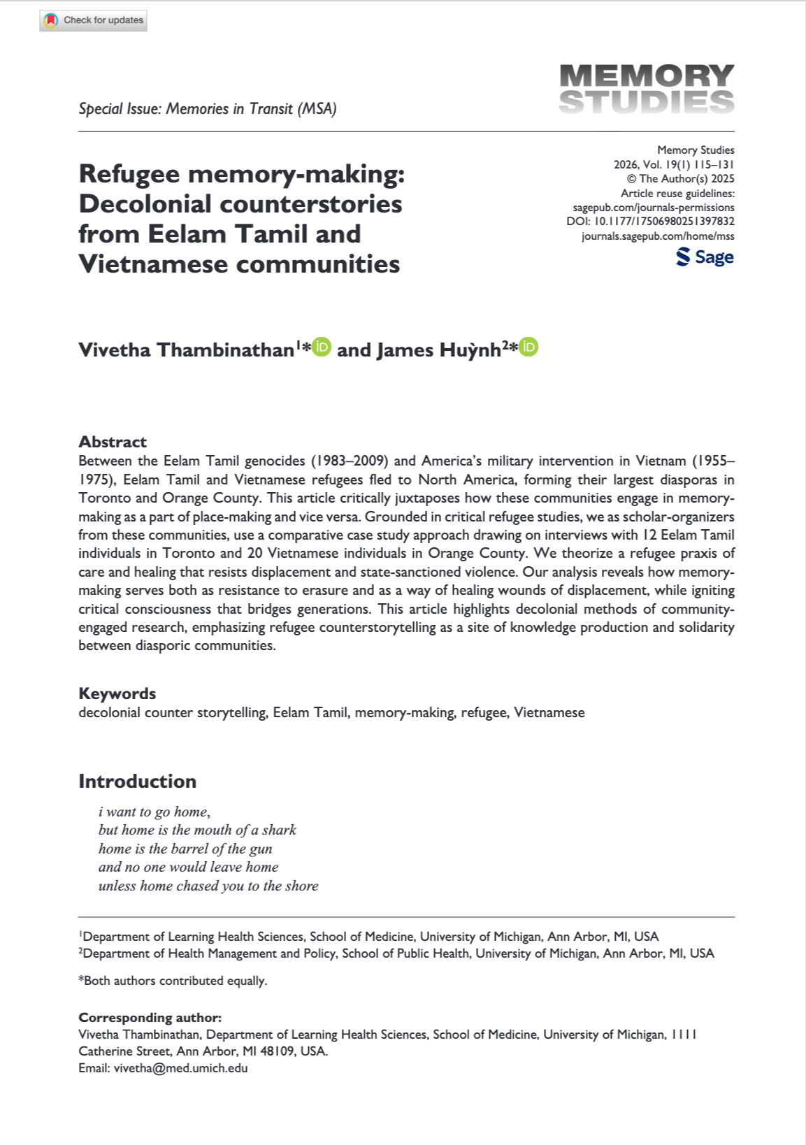 Title page of a research article titled 'Refugee memory-making: Decolonial counterstories from Eelam Tamil and Vietnamese communities' published in Memory Studies journal, with author names Vivian Thambinathan and James Huynh, and an abstract briefly describing the study on refugee memory and history.