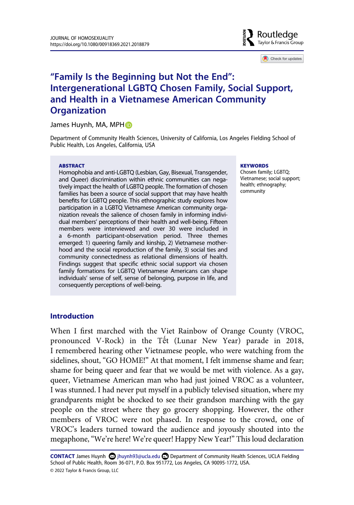 Research article from the Journal of Homosexuality titled "Family Is the Beginning but Not the End" about intergenerational LGBTQ family, social support, and health in a Vietnamese American community, with authors and institutional details.