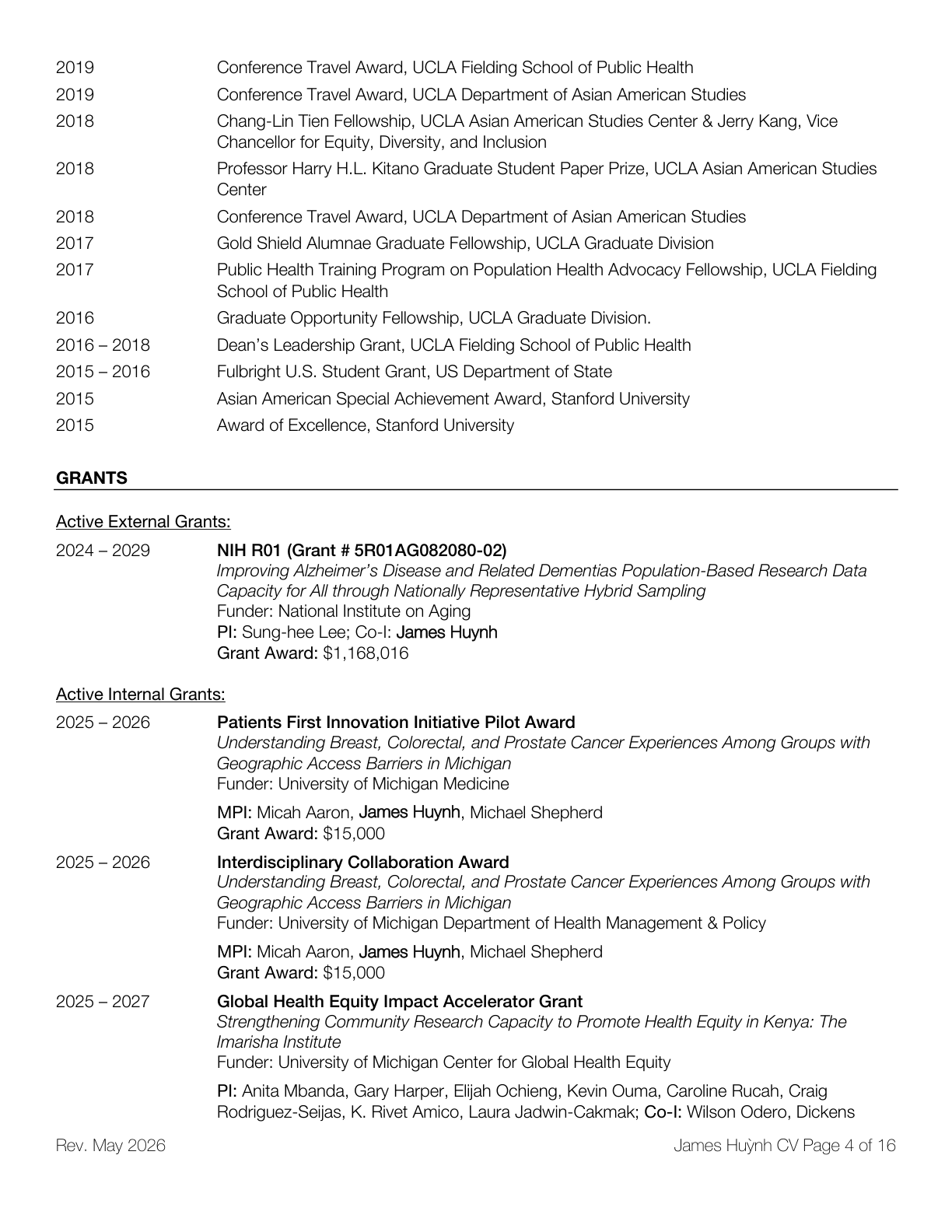 A CV or resume listing academic achievements, grants, and awards, including conference travel awards, fellowships, and research grants related to public health and Asian American studies at UCLA and Stanford University.