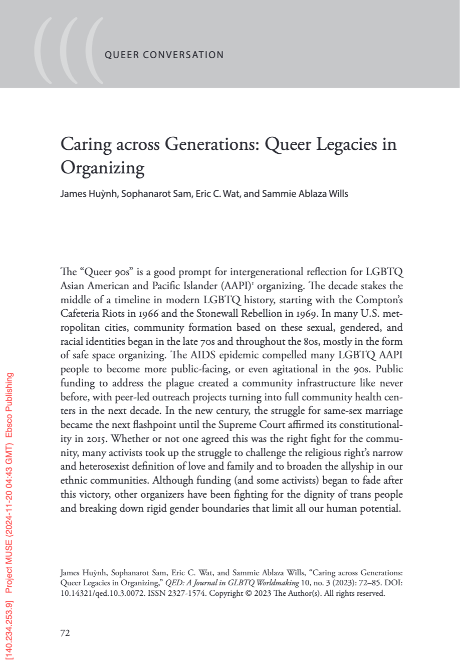 Page from an academic publication titled 'Caring across Generations: Queer Legacies in Organizing,' authored by James Huynh, Sophanarot Sam, Eric C. Wat, and Sammie Ablaza Wills, discussing LGBTQ history and activism.