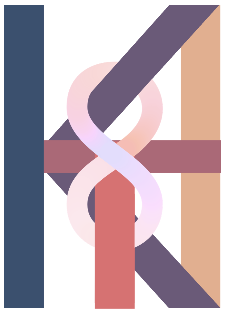 Abstract geometric pattern with interwoven ribbons in pink, purple, red, beige, and dark blue colors.