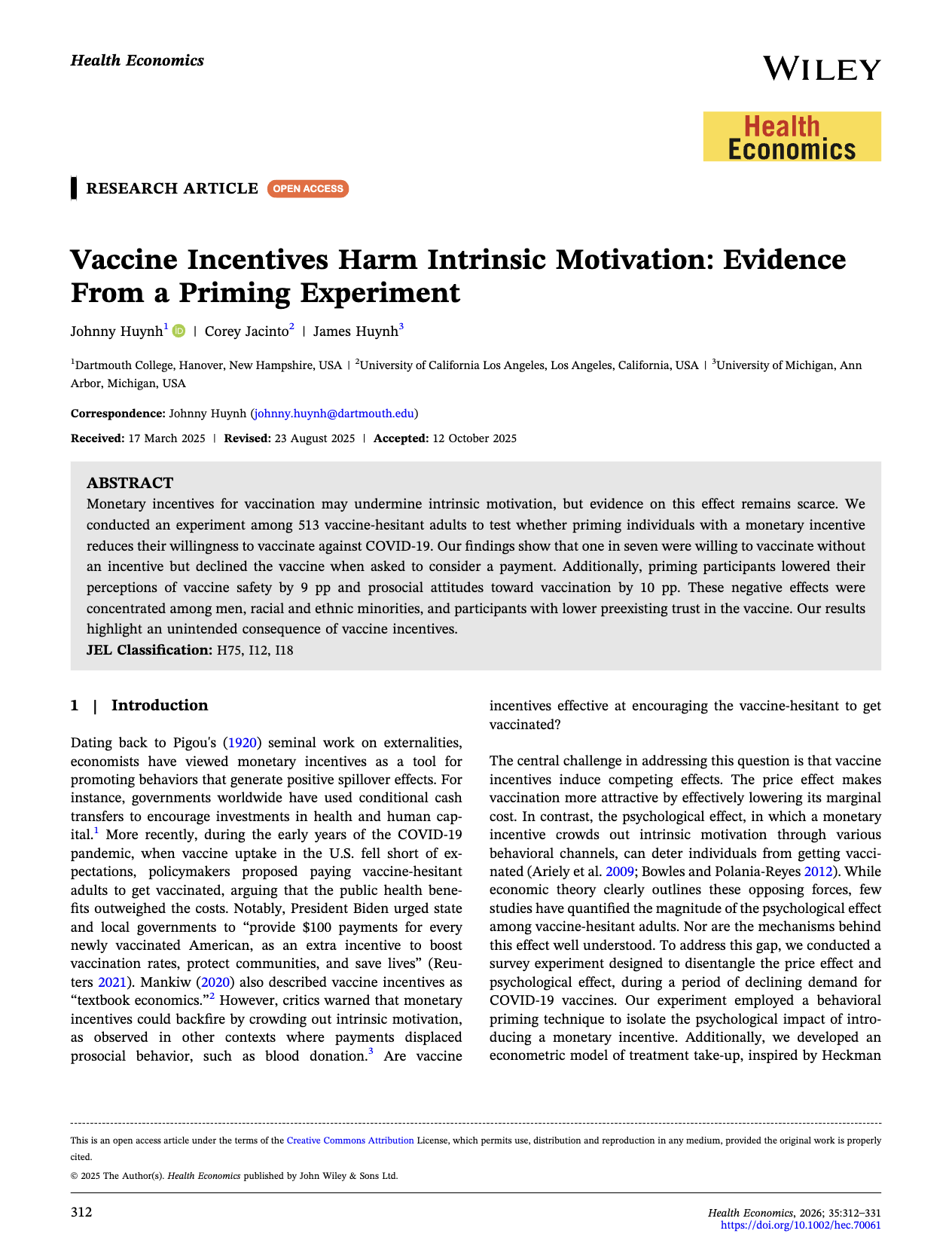 The image shows a research article from the journal Health Economics, titled "Vaccine Incentives Harm Intrinsic Motivation: Evidence From a Priming Experiment," authored by Johnny Huynh, Corey Jacinto, and James Huynh, with publication details including submission and acceptance dates.