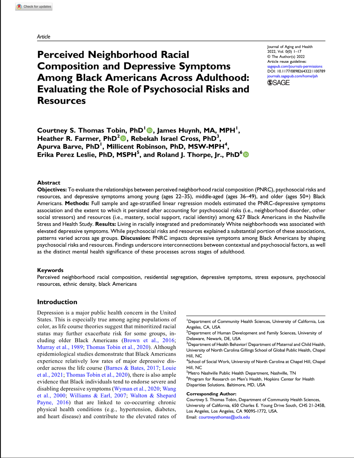 A scientific research article titled "Perceived Neighborhood Racial Composition and Depressive Symptoms Among Black Americans Across Adulthood" from the Journal of Aging and Health, with authors' names and affiliations, and sections including abstract, keywords, and introduction.