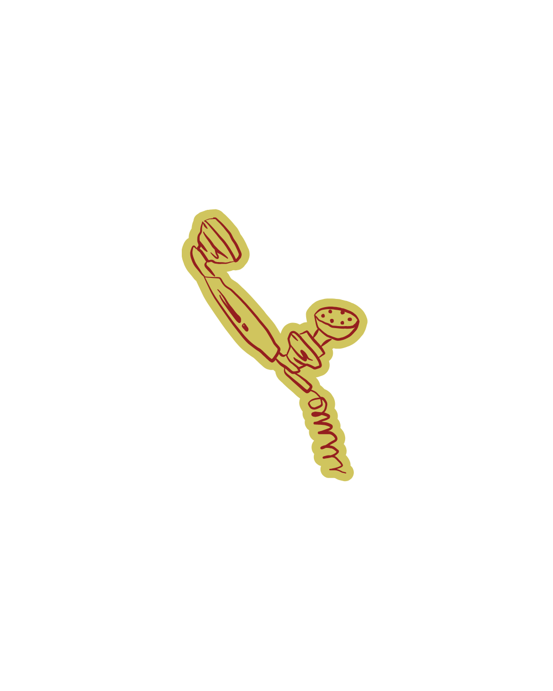 Drawing of an old-fashioned rotary telephone with a coiled cord and a rotary dial.