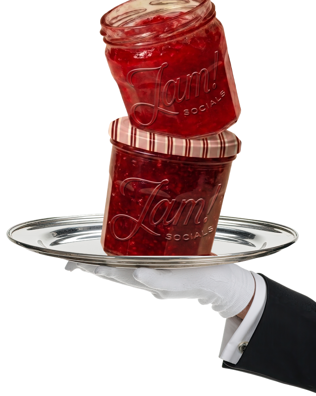 A person in a tuxedo holding a silver tray with two jars of raspberry jam stacked one on top of the other