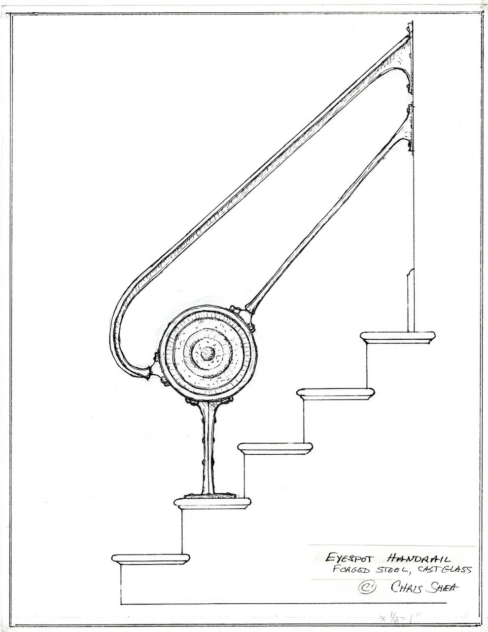 A technical drawing of an eye-spot handrail made of cast steel with glass, mounted on a staircase with four steps.