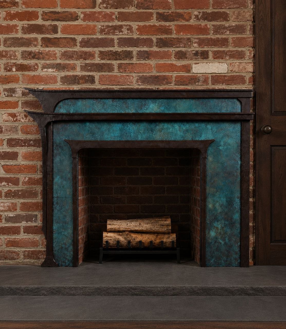 Custom fireplace mantlepiece in forged iron and patinated bronze