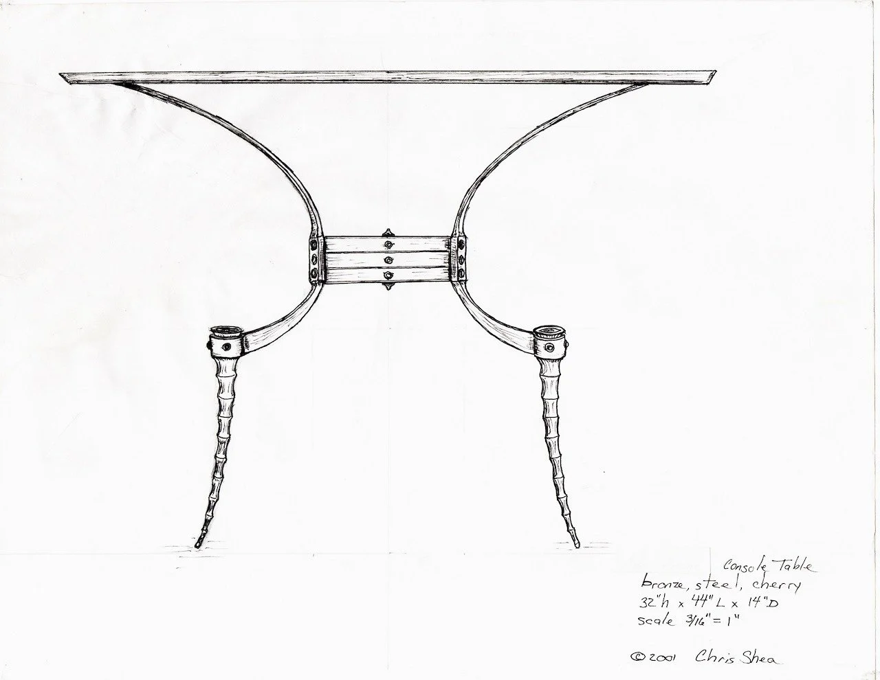 A detailed drawing of a console table with a bronze steel frame and cherry wood top. The table features curved legs and a central connecting bar with visible hardware. Handwritten notes indicate the dimensions as 32 inches high, 44 inches long, and 14 inches deep, with a scale of 3/16 inch equals 1 foot.