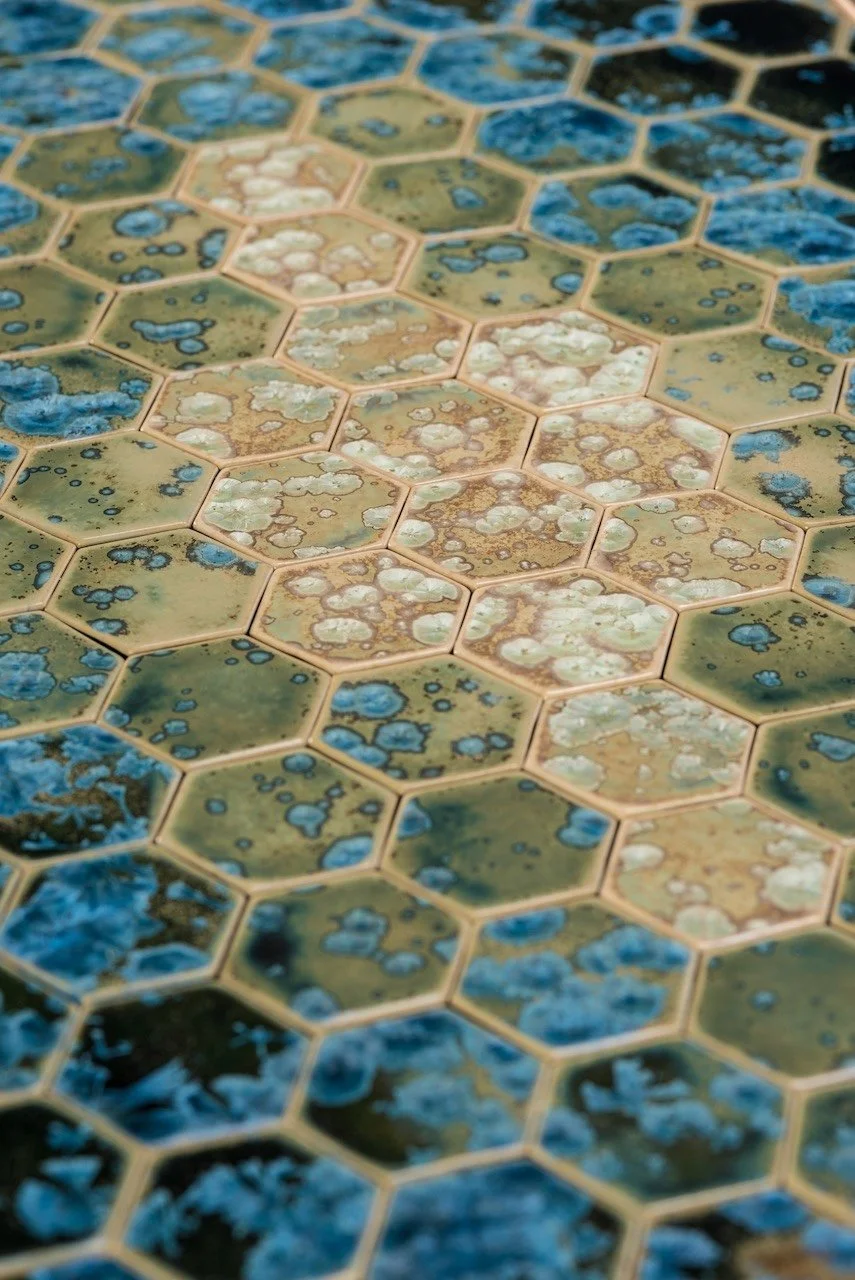 Close-up of a surface covered with hexagonal tiles that have mold and algae growth, creating a mottled pattern of green, white, and blue colors.