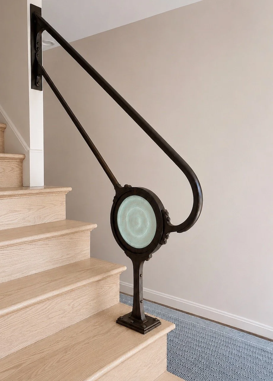 Forged iron steampunk interior handrail with cast glass inset medallion