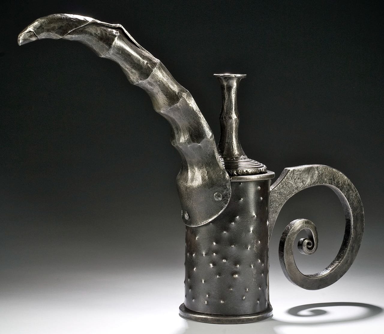 Hand forged steampunk sculptural iron vessel, teapot.
