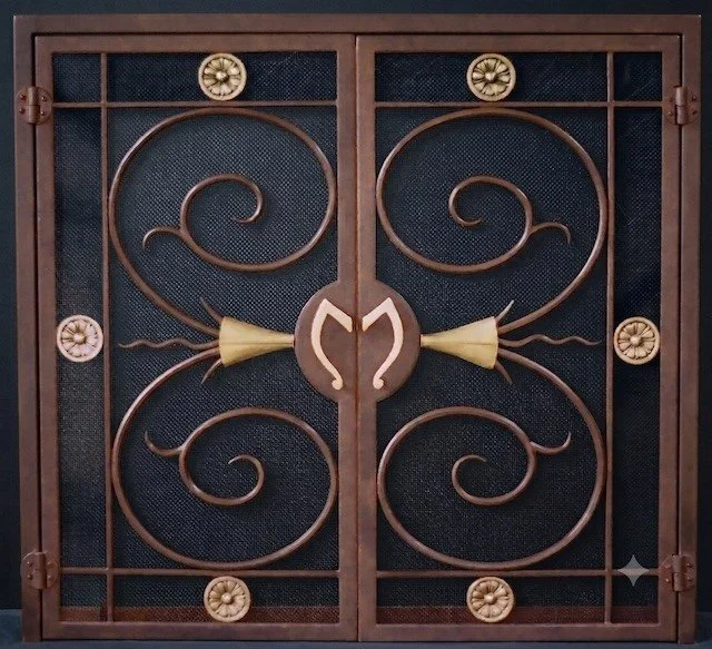 Forged iron and brass custom fireplace screen
