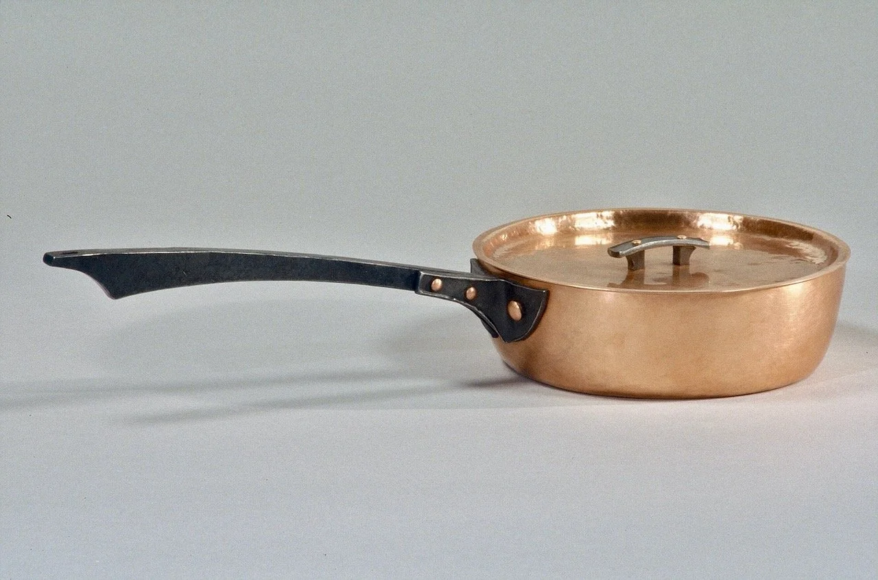 Hand made copper pot with copper lid and forged iron handle