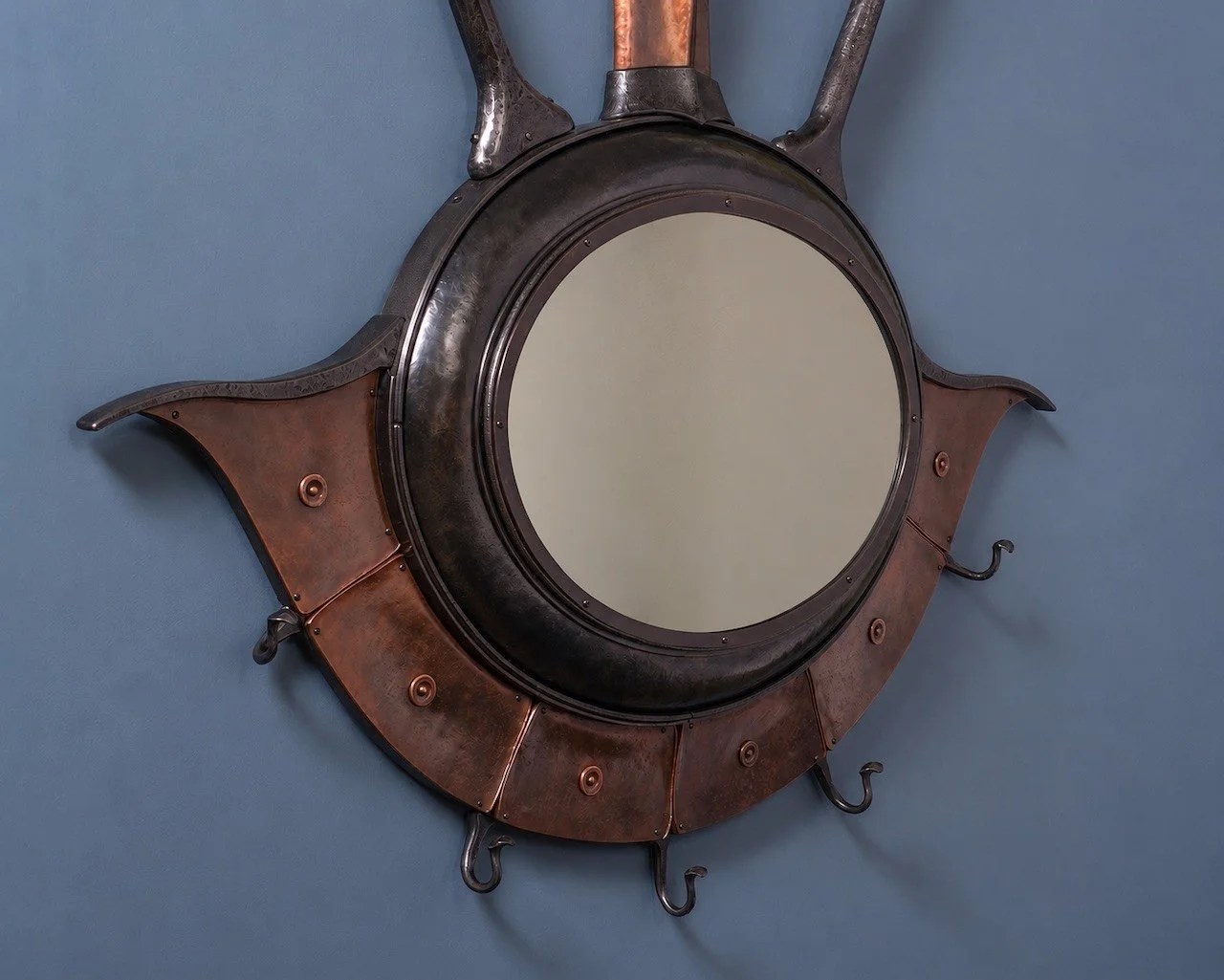 forged steel and copper mirror frame with coat hooks